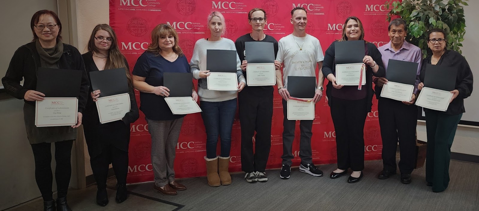 Adult Education students (l-r) Ashley-Zhang Ying, Trinity Brown, Annette Fountain, Denisse Cercado, James Pearson, Brian Lewis, Juliana Hessom, Edgar Pantoja Salas, Monica Garibaldi Valdez.